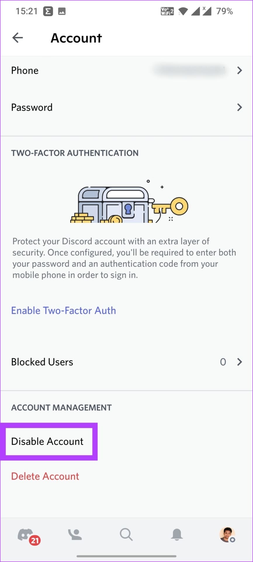 tap on Disable Account