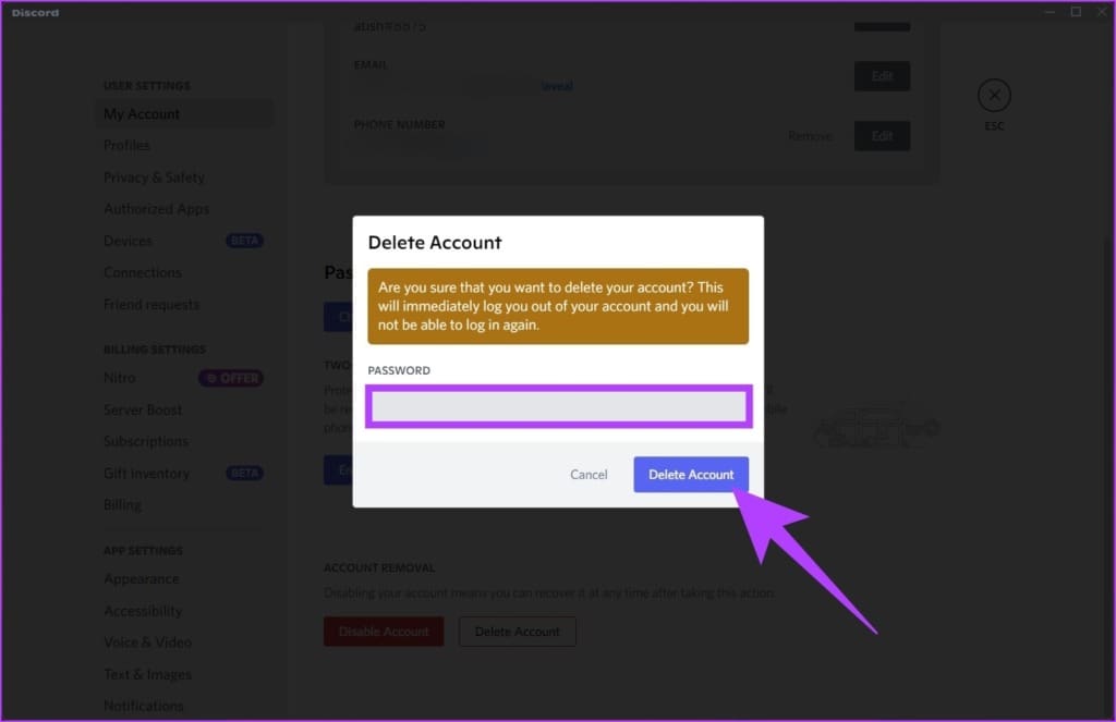 click Delete Account