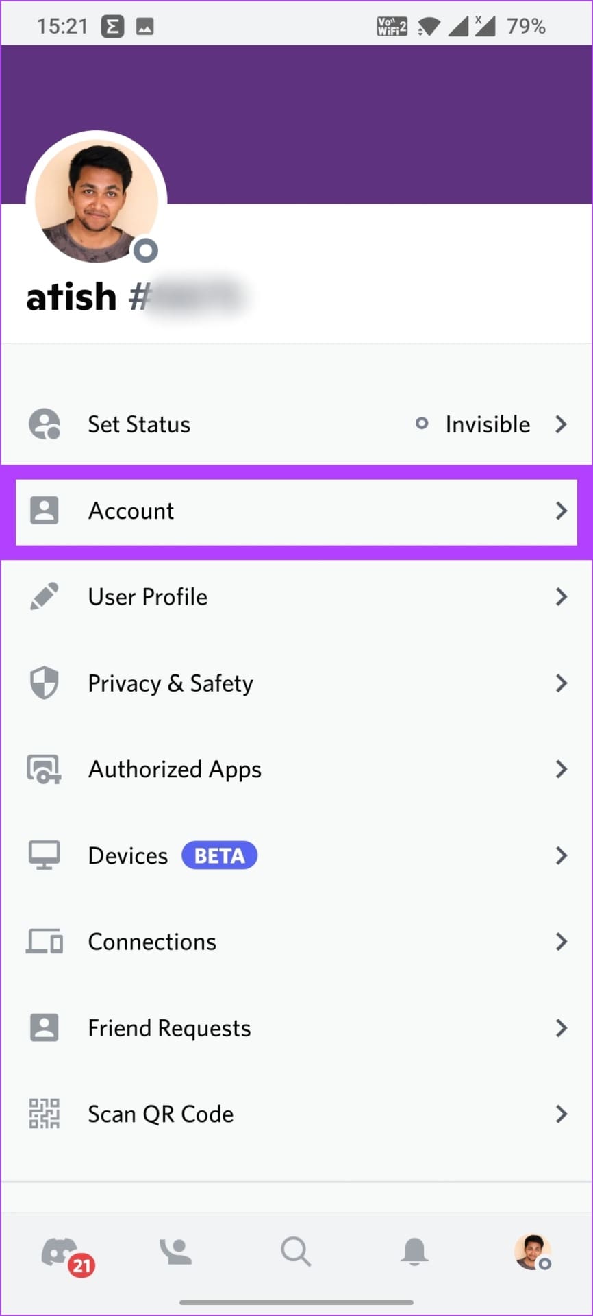 Tap on Account in the Discord app