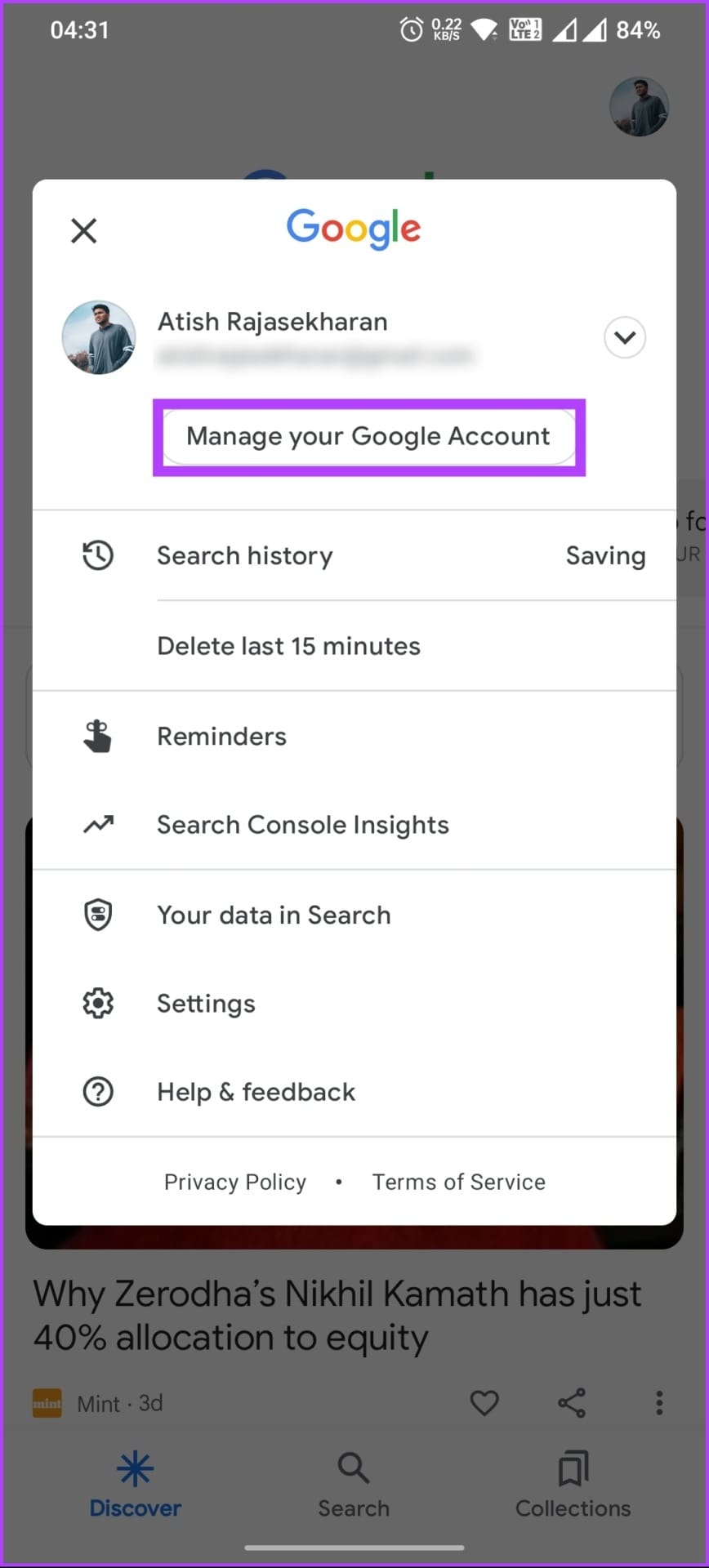 select 'Manage your Google Account'