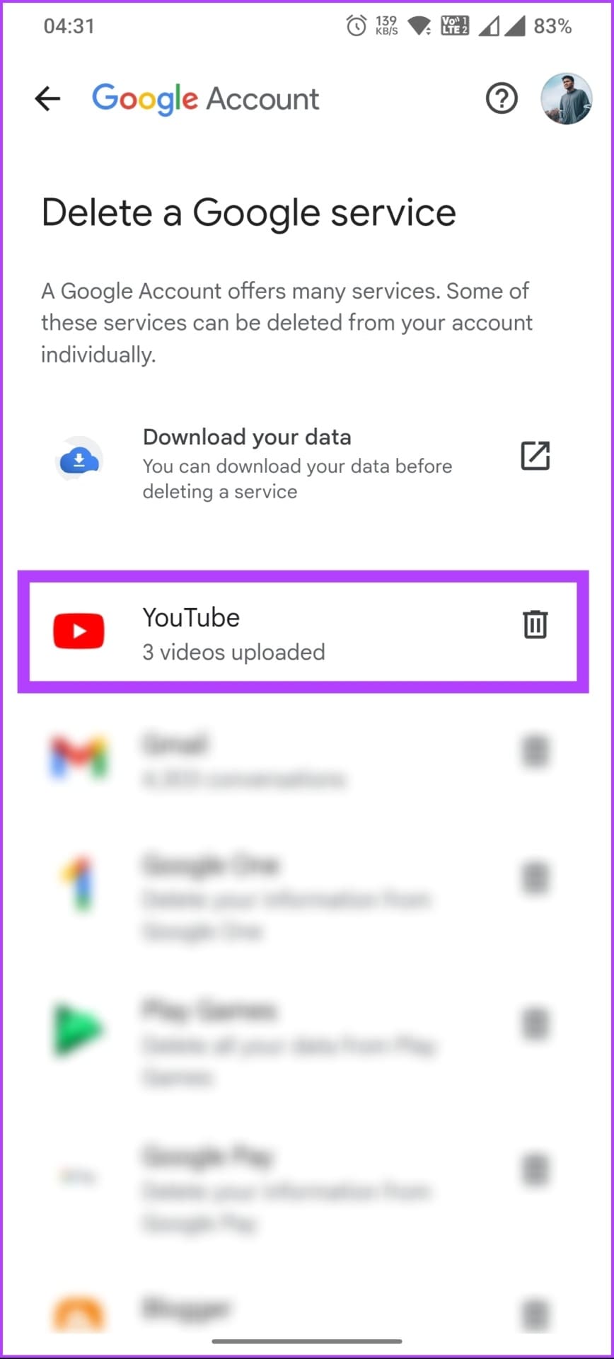 tap on the trash can next to YouTube