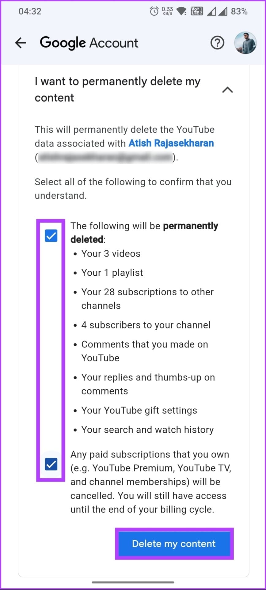 select 'Delete my content'