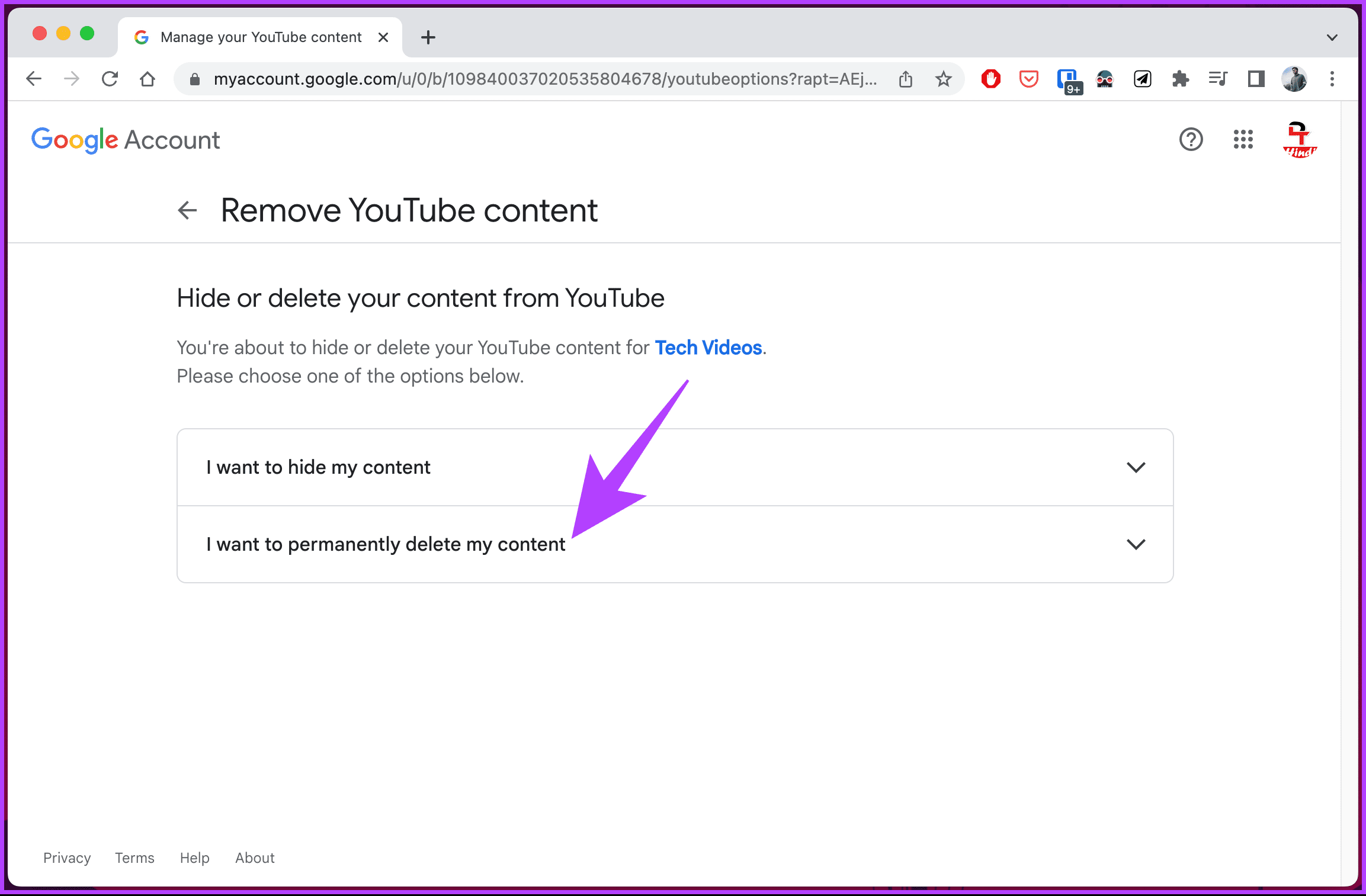 select 'I want to permanently delete my content'
