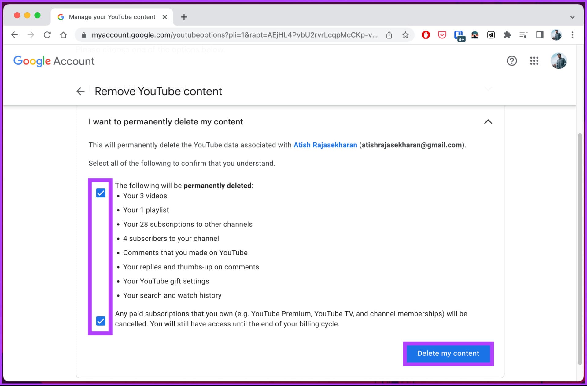 tap the checkboxes and select 'Delete my content'