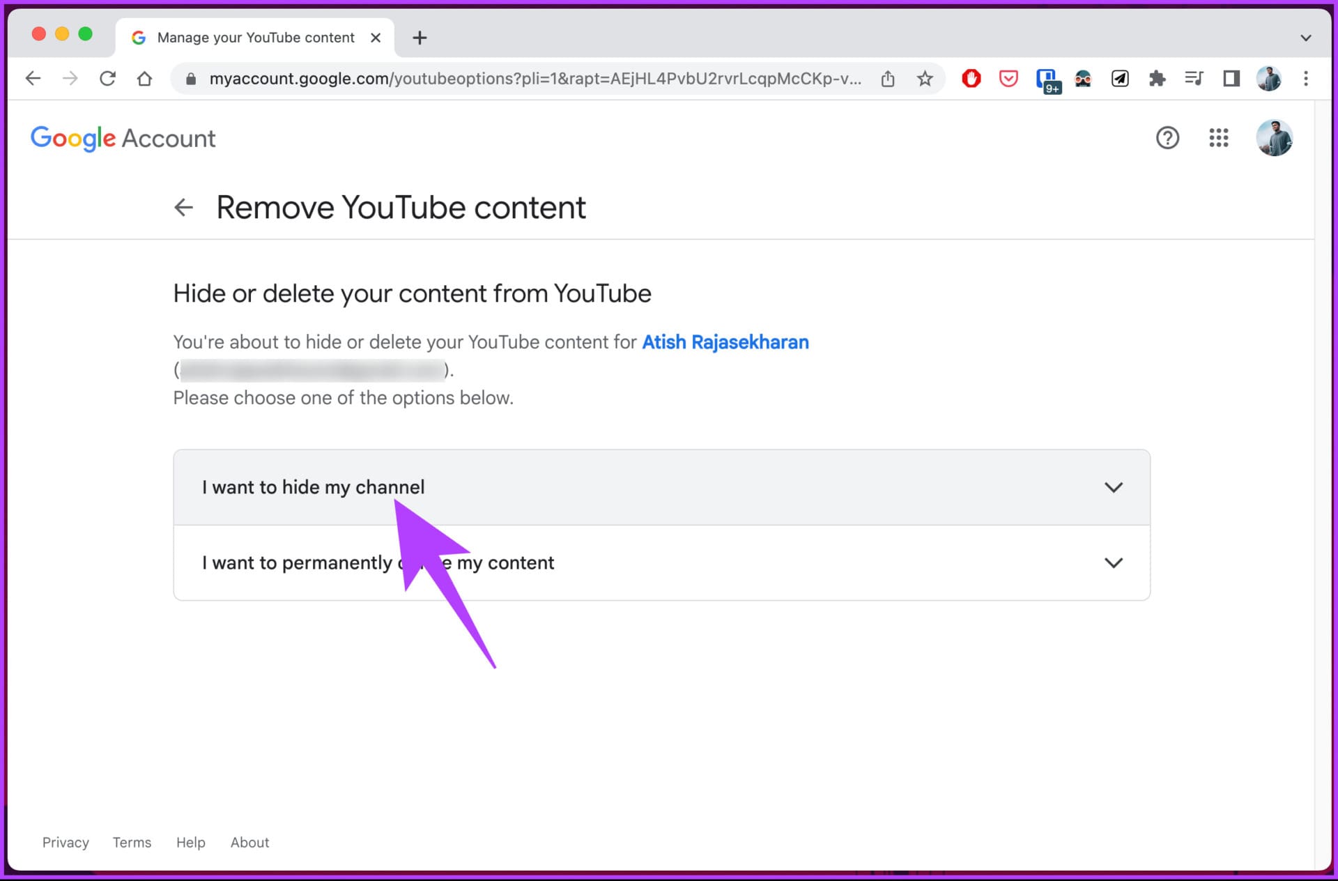 select 'I want to hide my content'