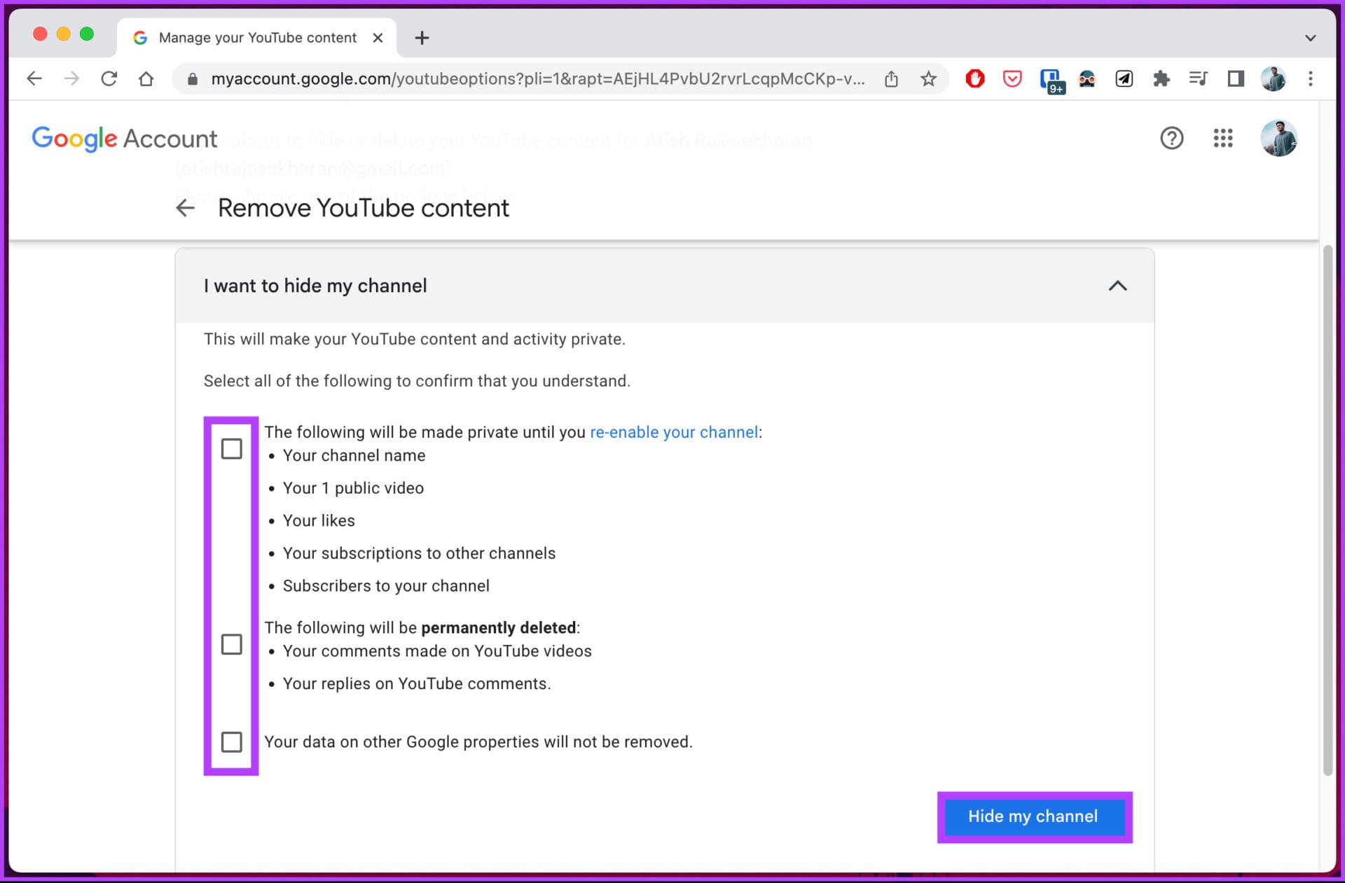select 'Hide my channel'