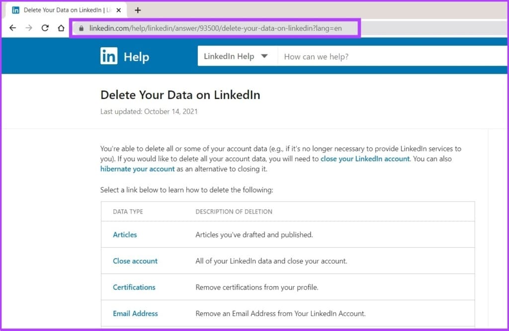 LinkedIn help page