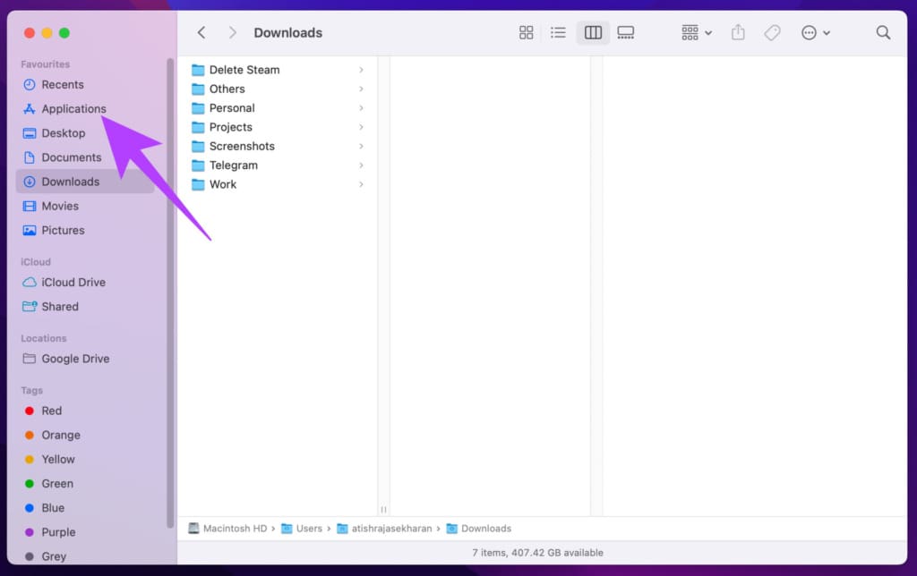 select the Applications folder