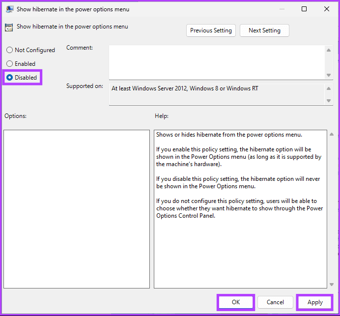 select the Disabled option