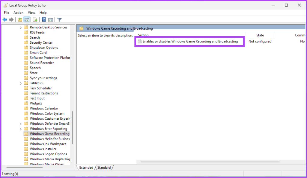 locate the 'Enables or disables Windows Game Recording and Broadcasting' option