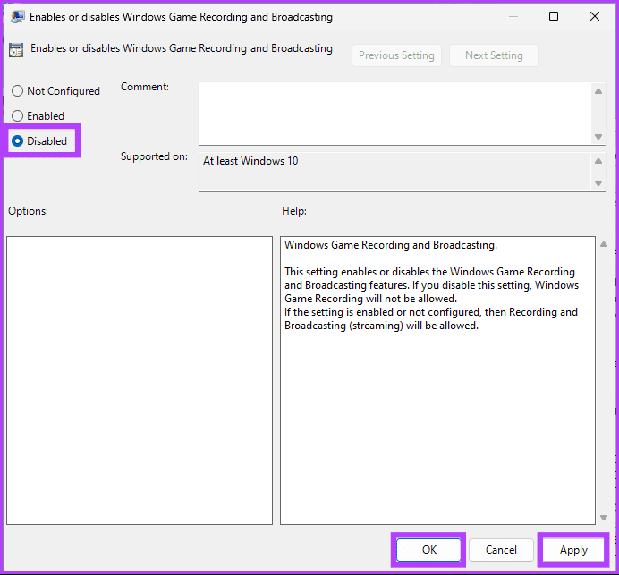 select the Disabled option