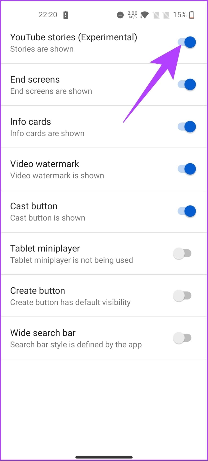 Toggle off YouTube stories (Experimental)