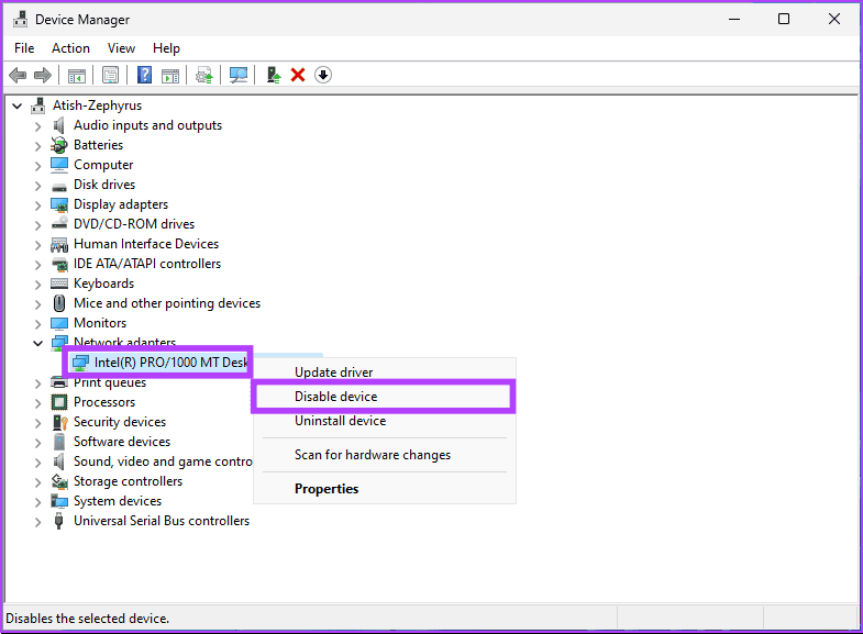 right-click the adapter, and select Disable device