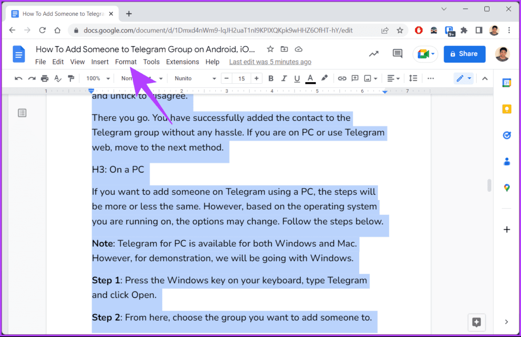 Click on the Format from the menu bar