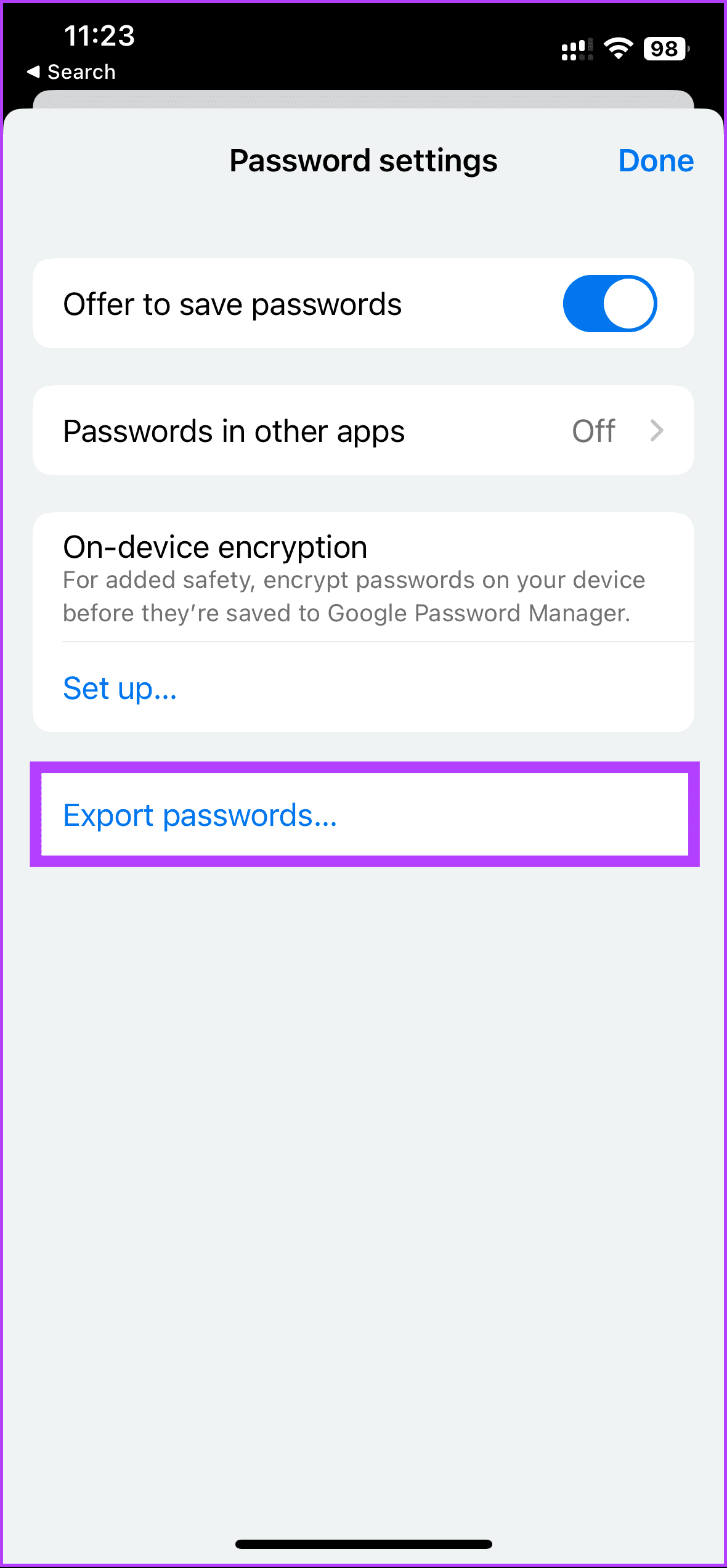 tap on Export Passwords