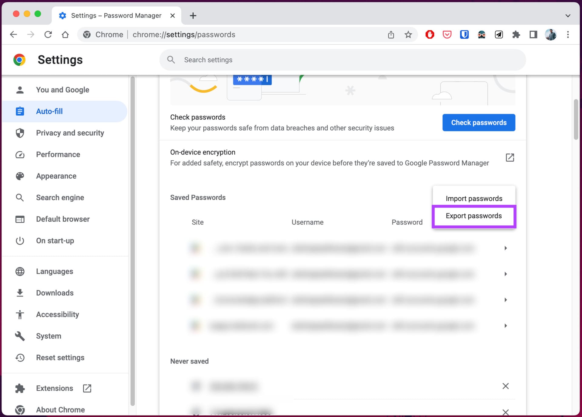 select Export passwords