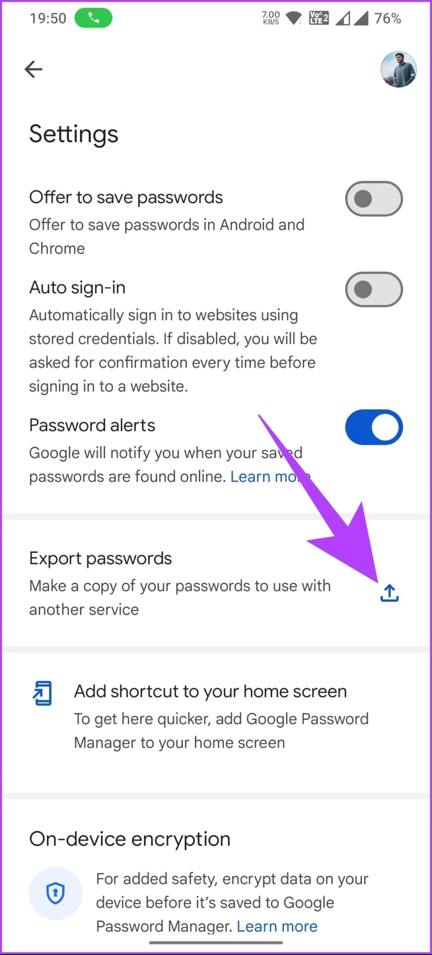 Tap Export passwords