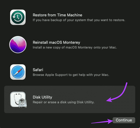 Select Disk Utility and then Continue