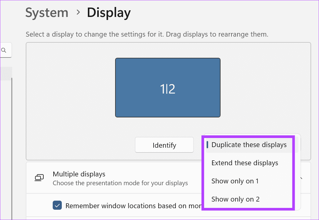 Select the relevant display setting