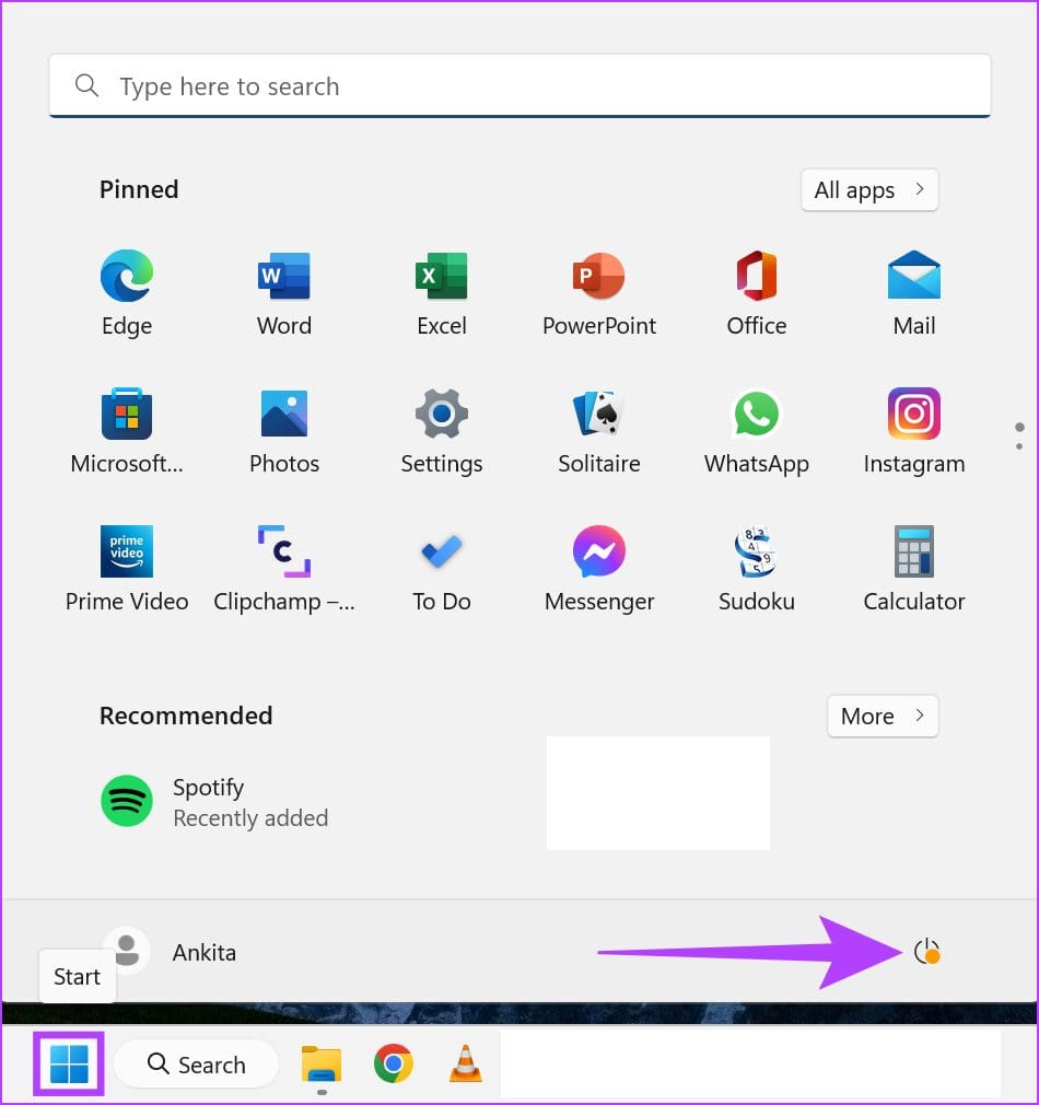 Click on Start and then click on Power