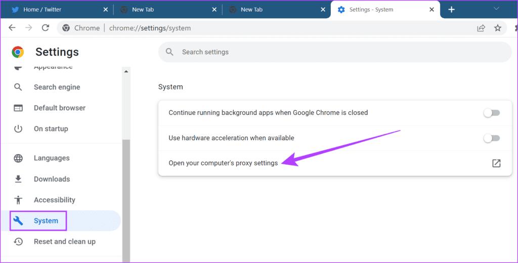Click to open proxy settings