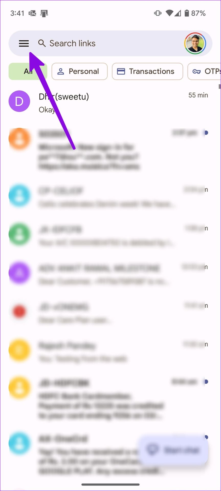 hamburger menu for Messages for Android