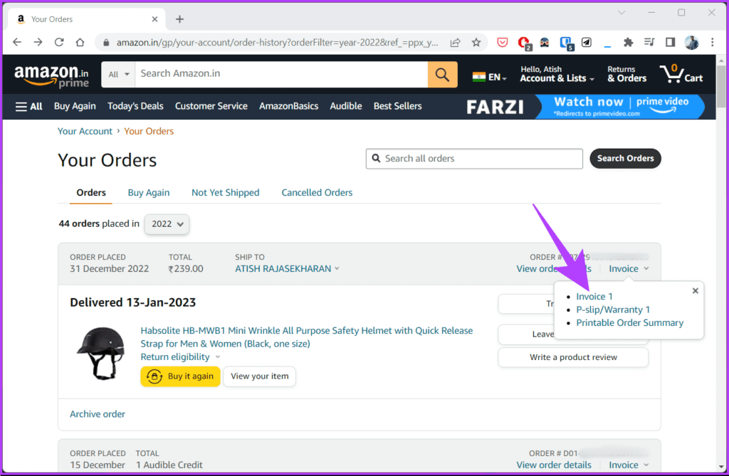 select Invoice 1 or P-slip/Warranty 1 or Printable Order Summary