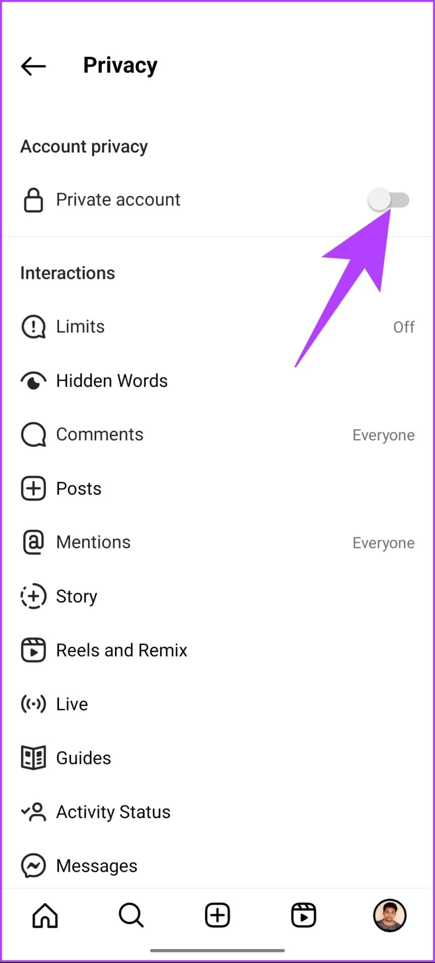 toggle on the Private account option
