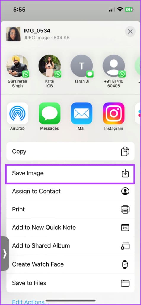 Tap Save Image to save the photo from Freeform