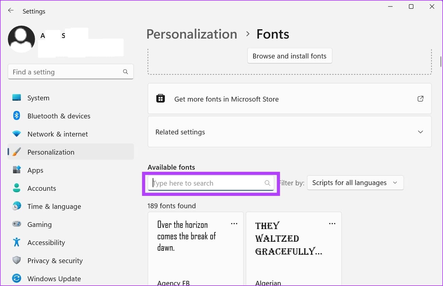 Use the search bar to look for fonts