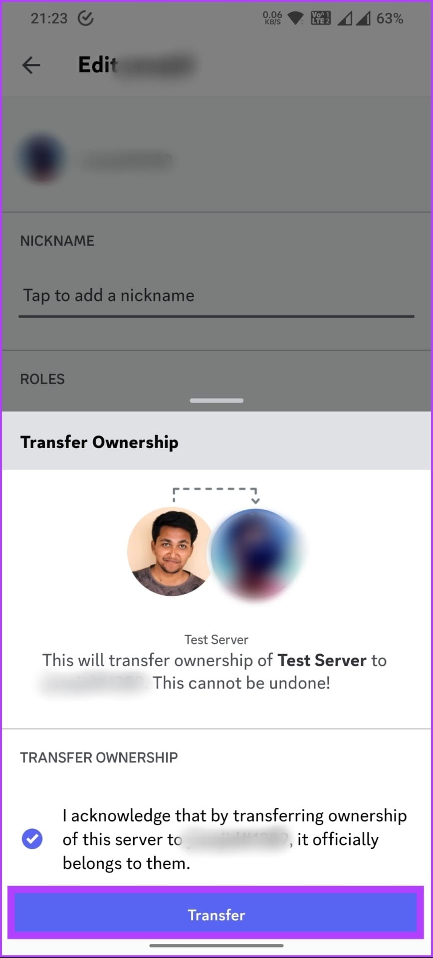 check the box of acknowledgement and tap Transfer