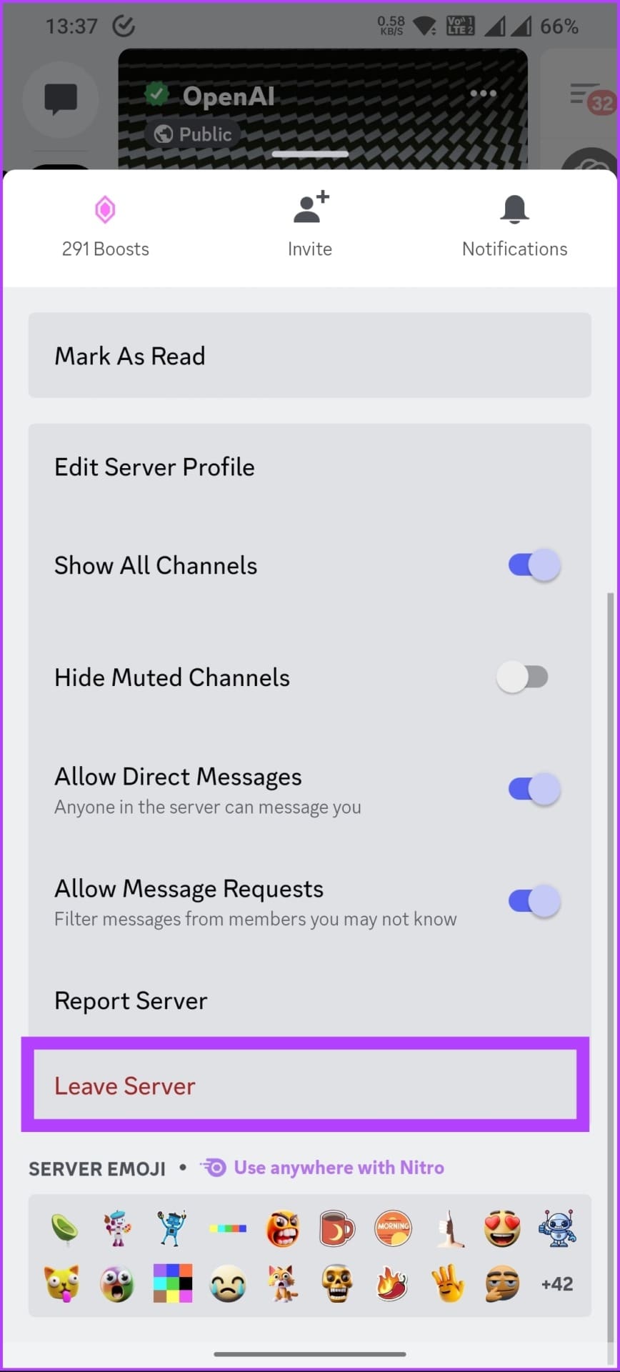 tap on the Leave Server option