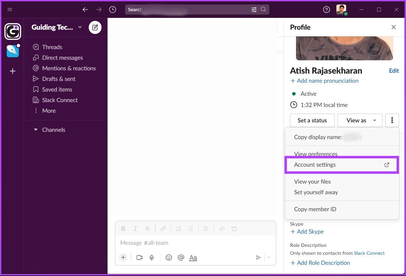 Select Account settings from the drop-down
