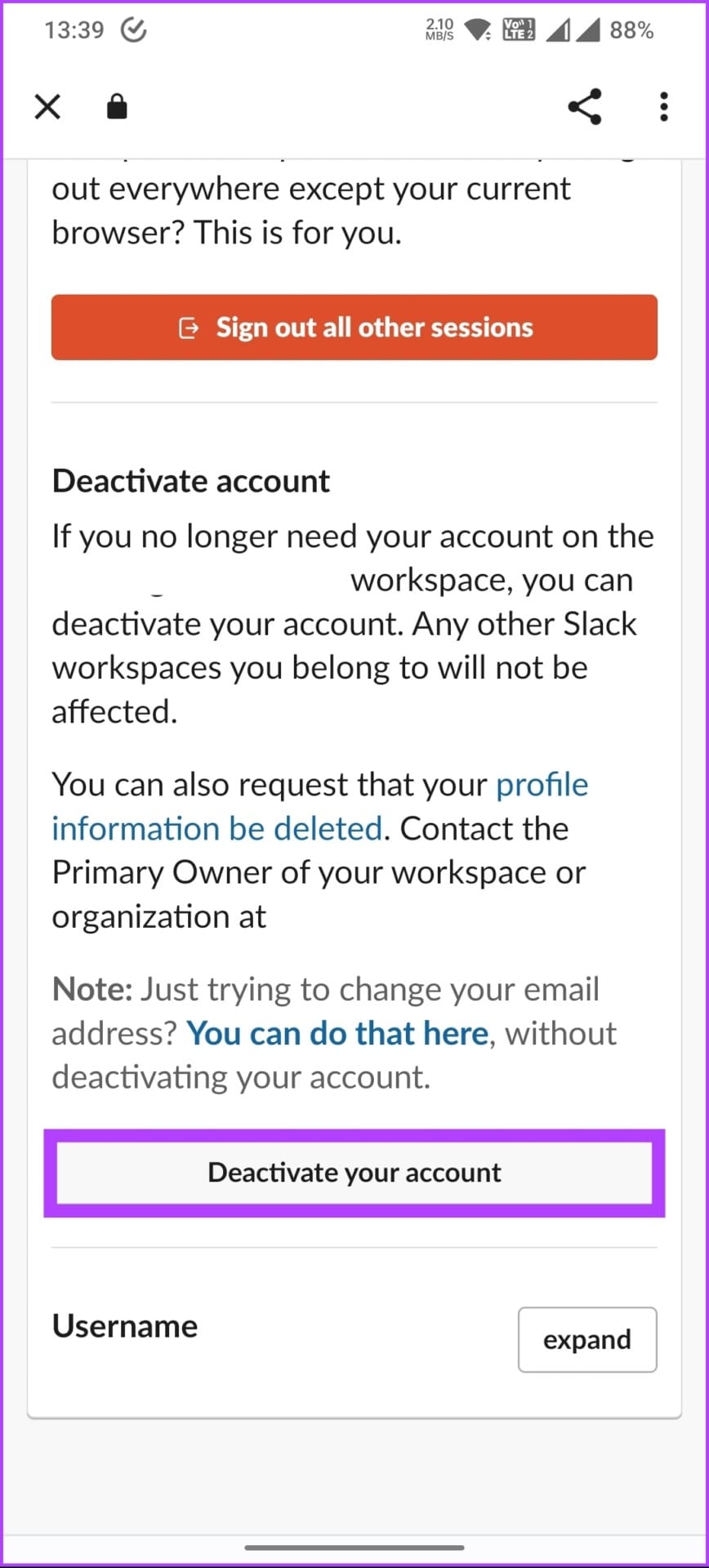 Tap on the 'Deactivate your Account' button