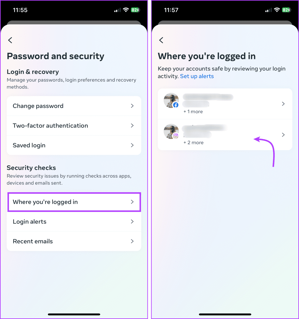 Select Where you’re logged in and then your account