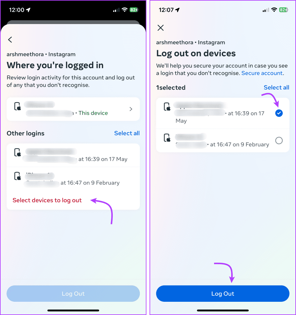 Select devices to log out and log out