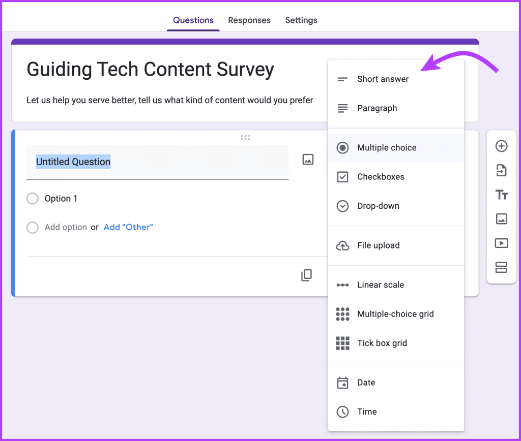 Select the type of question in the survey