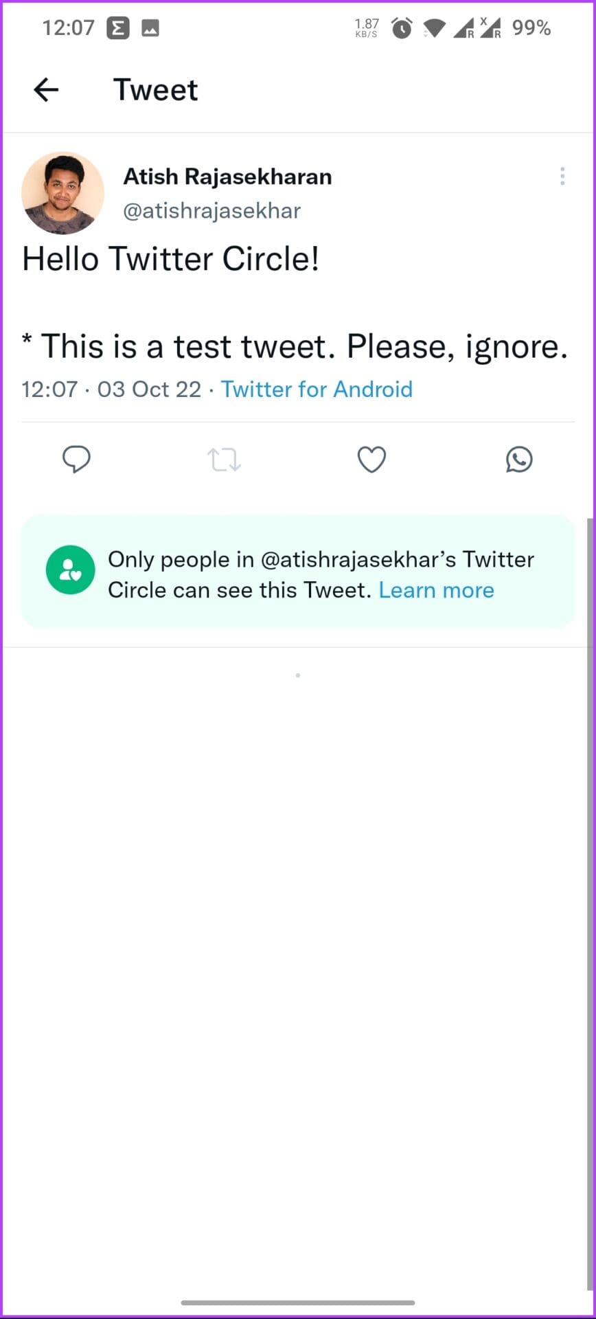 Tweet shared in Twitter Circle