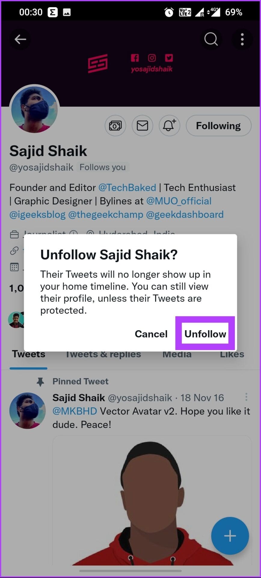 Tap on Unfollow in the prompt