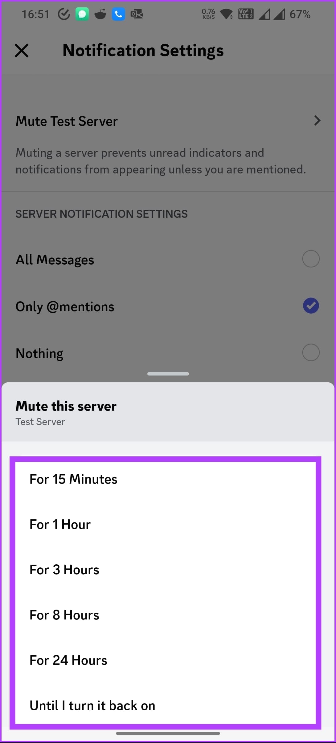 select the duration to keep the Server muted