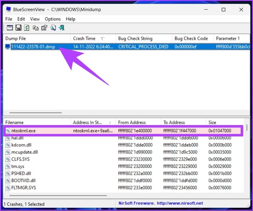 Click on the dump files listed
