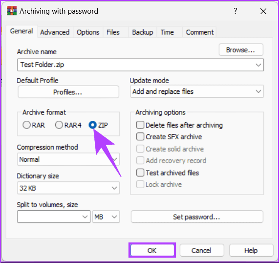 select the Archive format to ZIP and click OK
