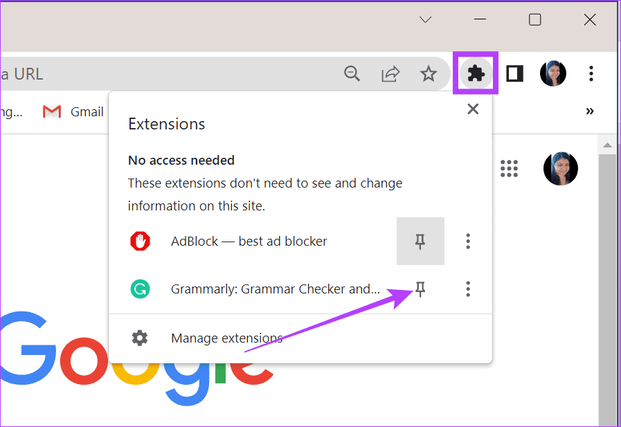 Open extension menu & click on the pin icon