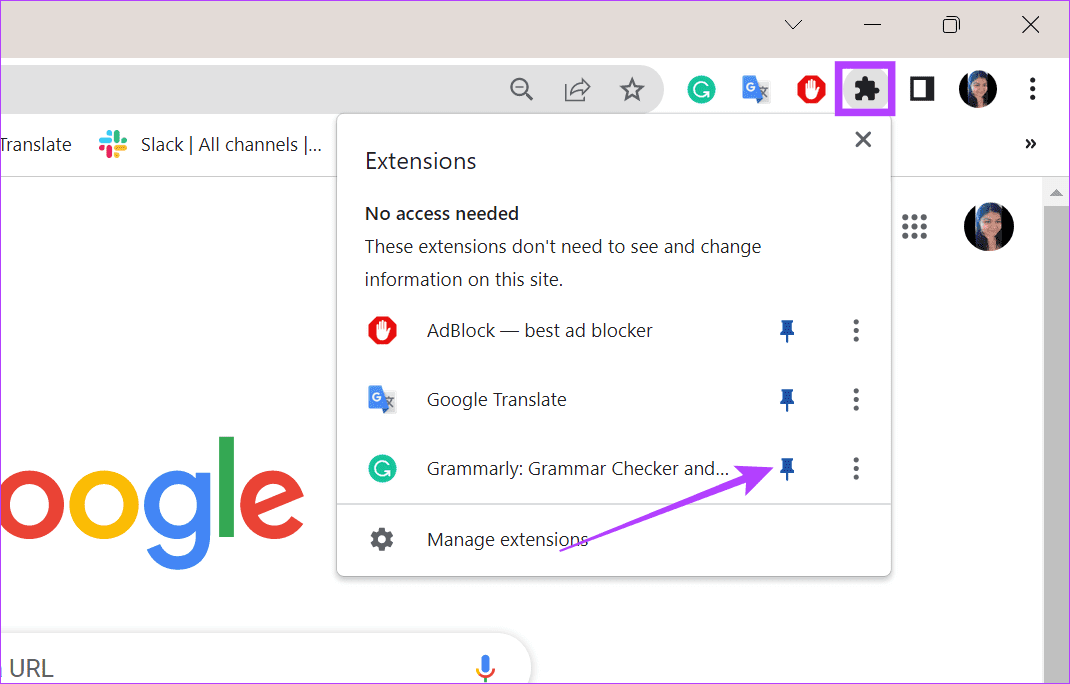 Open extension menu & click on the pin icon