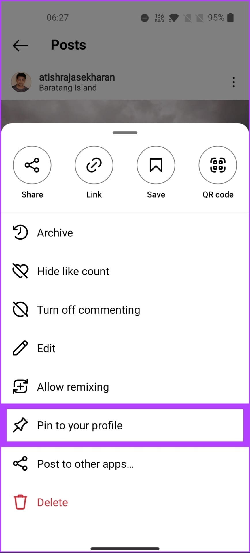 Tap the 'Pin to your profile' option