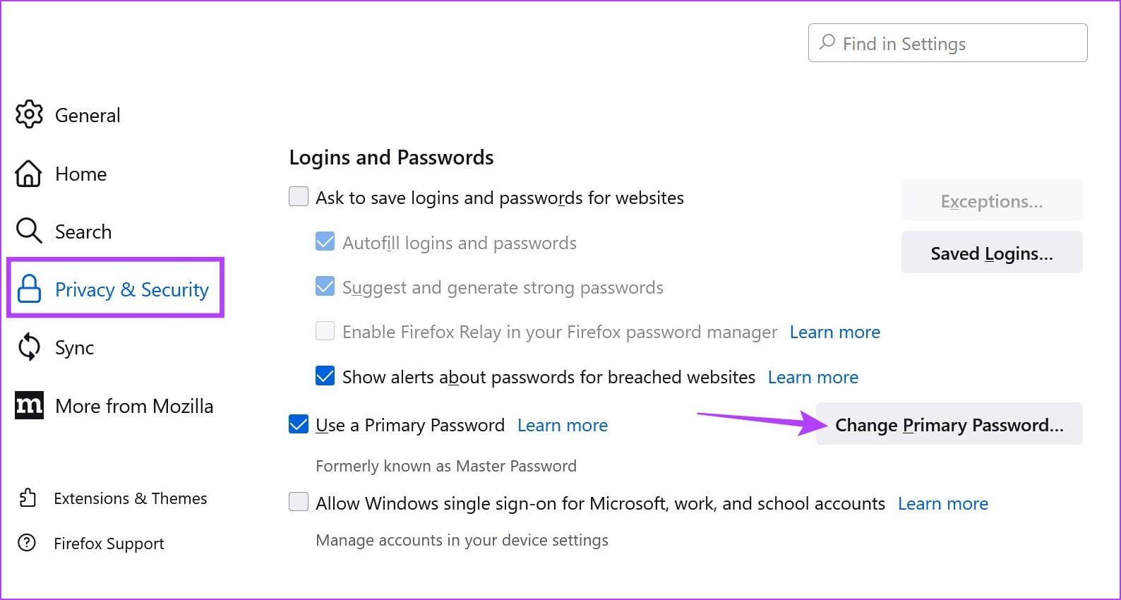 Click on Change Primary Password