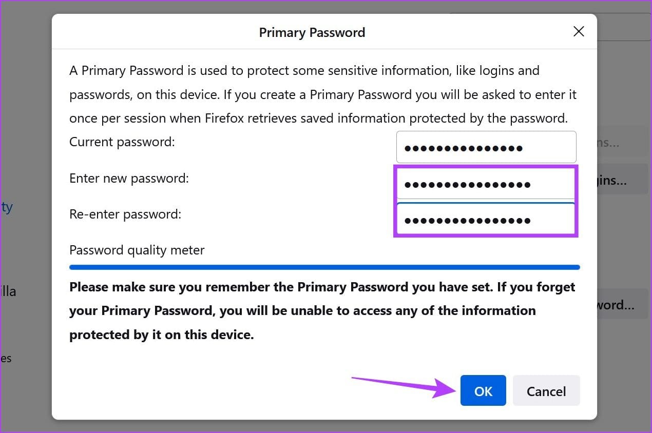Enter your new password & click on OK
