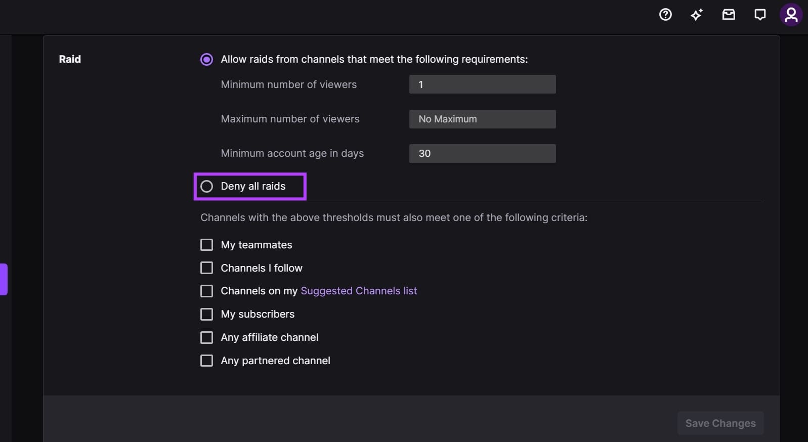 Click on Deny all raids