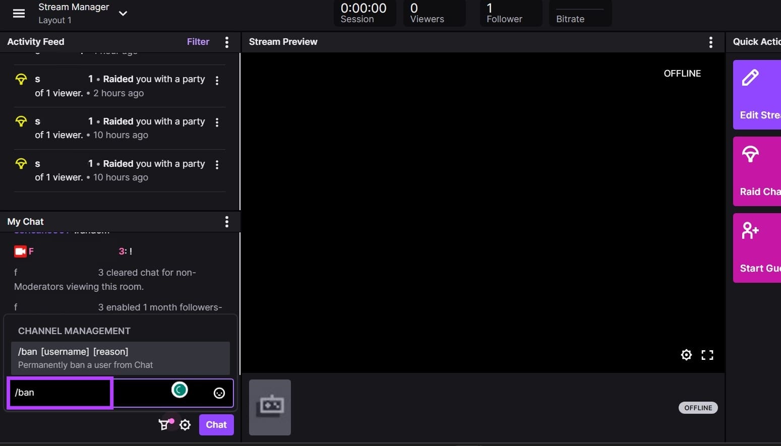 type /ban [channel] [reason] & press enter