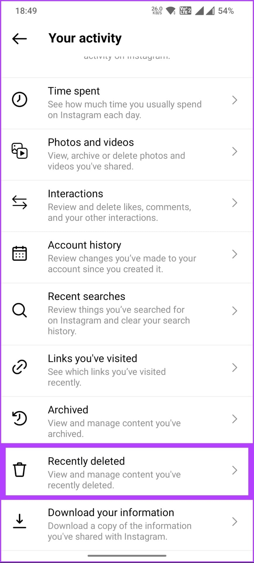 scroll down and tap the Recently deleted option